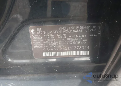 2007 BMW 328 I Sulev z USA, uszkodzony, nr VIN WBAVC53517FZ78044